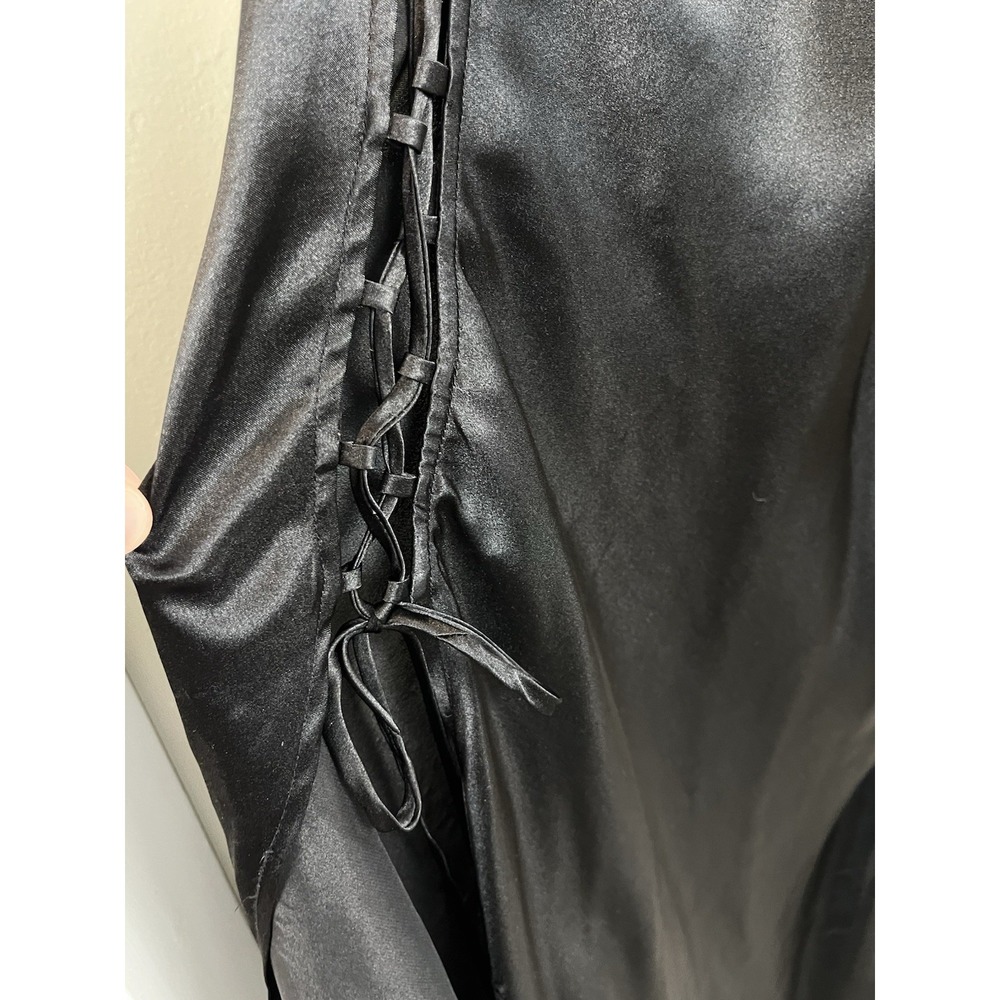 Victoria's Secret Sz M Satin Slip Gown Maxi Dress Lace Up Sides Black High Slit - Picture 3 of 11